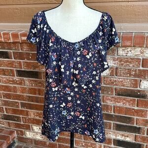 Sanctuary Eva Floral Ruffled Blouse Navy Blue Short Sleeve Top Women's Medium